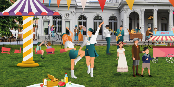 Illustratie van feestende en dansende figuren in park